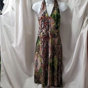 CristinaLove.  EUC. Colorful, Silky & Flowing Paisley Halter Dress. Size XL.